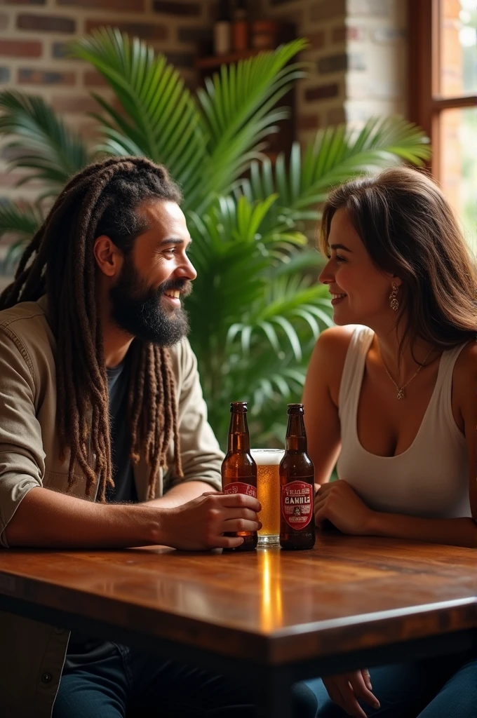 Deux facteurs qui boivent une bière dans un bar, ils sont assis. Il y a une plante verte à côté. Le premier facteur a des dreadlocks et une barbe. Le deuxième facteur est brun.