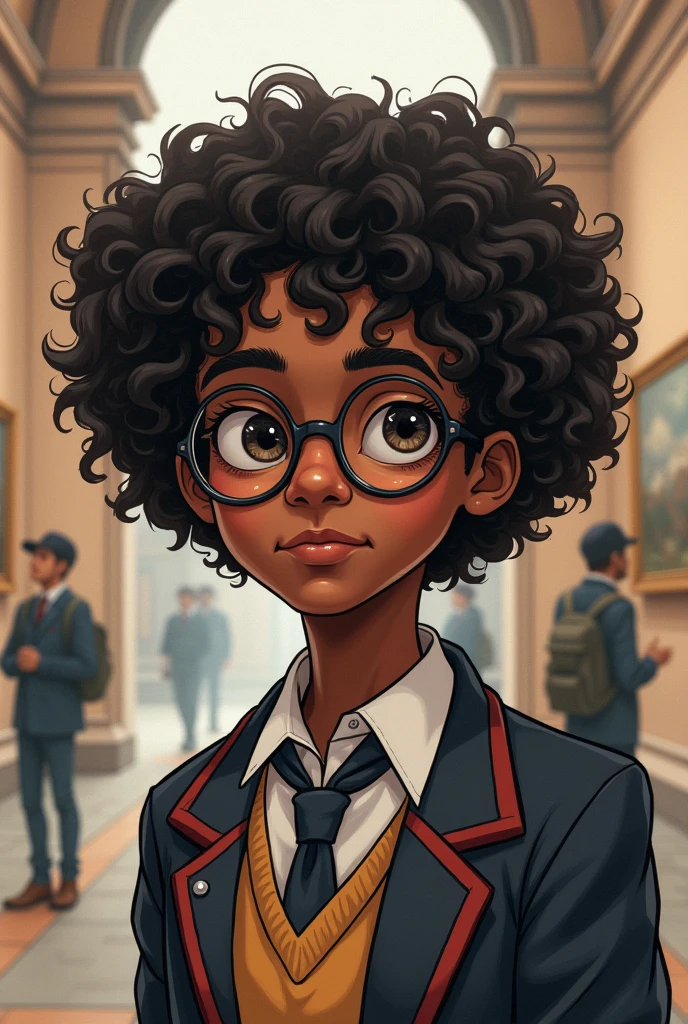 A 16 year old in a museum, wearing a school uniform, with glasses and dark, curly hair, skin black, fans in comic book drawing
