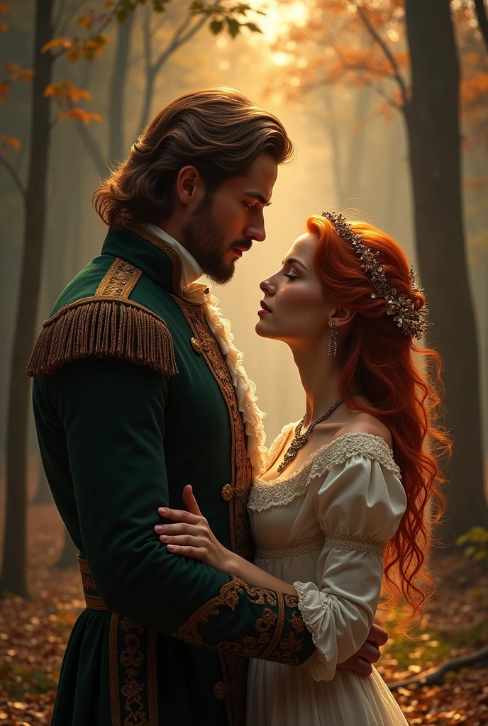 Description: period romance male character: a duke who suffered an accident and had part of his face and body burned.
female character: a woman who needs to get married to get rid of her family Visual elements: a couple in the spotlight, big man and redheaded woman with loose hair. A forest in the background and elements that refer to fire Design style: classic predominant colors: neutral and warm