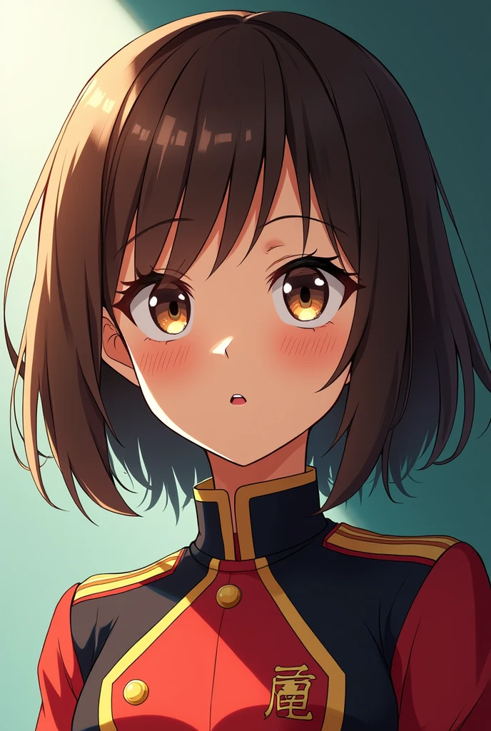 Mha anime style, girl, tan, brown medium hair, big brown eyes with a little green on it, uniform UA, beauty mole



