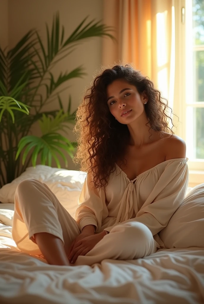 (photorealism:1.2), beautiful woman, sitting on bed, wearing loose off-shoulder top, pajama pants, long curly hair, indoors, soft lighting, plants in background, window with sunlight, cozy room, relaxed pose, realistic, intricate details, warm colors, by Greg Rutkowski, by Alphonse Mucha