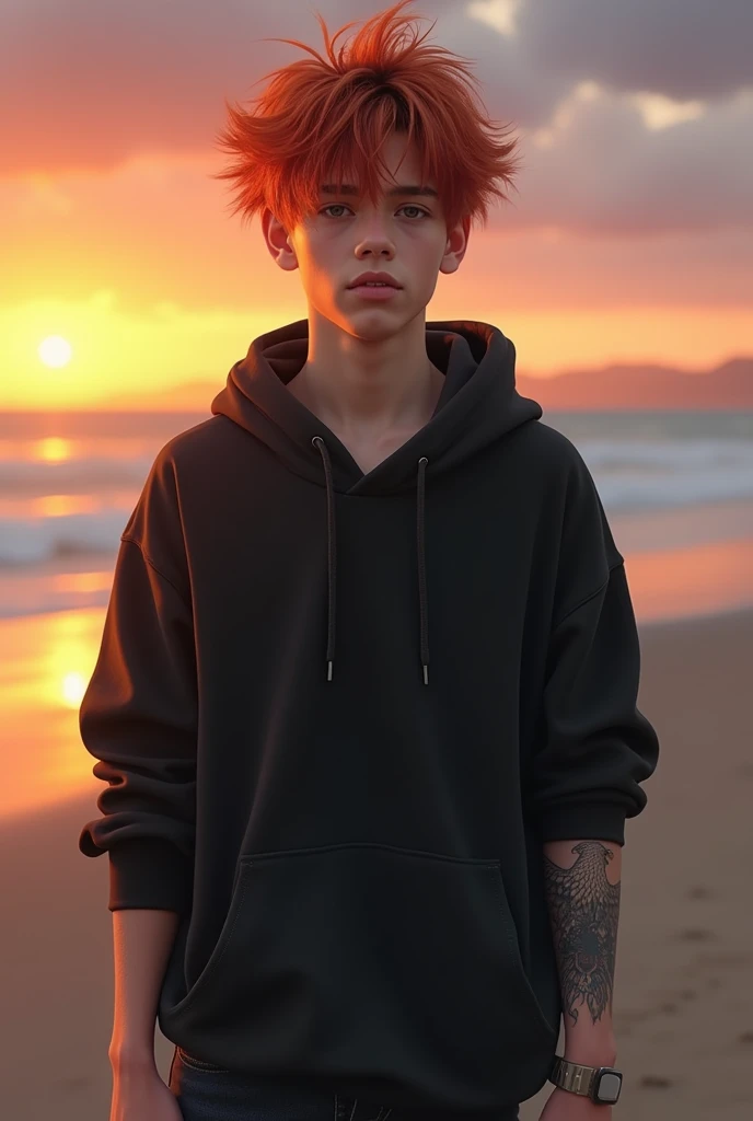 A 16 year old boy wearing a hoodie and black jeans,he has frens croup hair,on the arm there is an eagle,beach and sunset background,Realistic photo, Original photo.