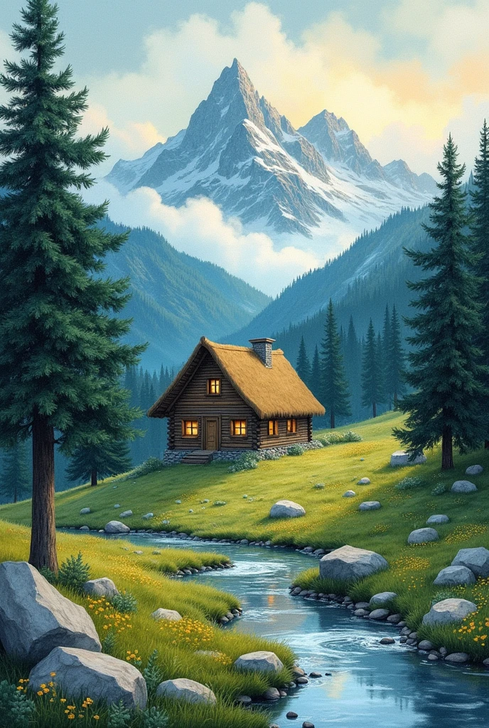Fine art Illustration and water-color painting by edmund dulac in the style of klimt landscape misty mountains artists ceramic studio cabin with fireplace nordic spring sunny rainy morning