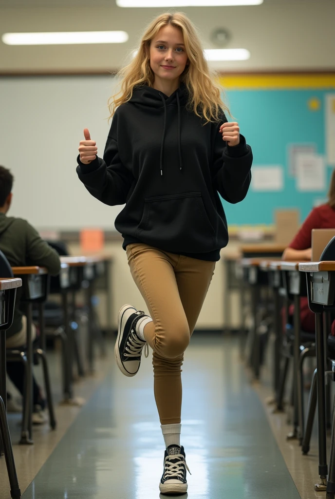 High school white girl, blonde hair, blue eyes, tight khaki pants, black high top converse shoes, black hoodie, white socks, one leg kicking in the air towards the camera, classroom background, full body, backside, butt. 