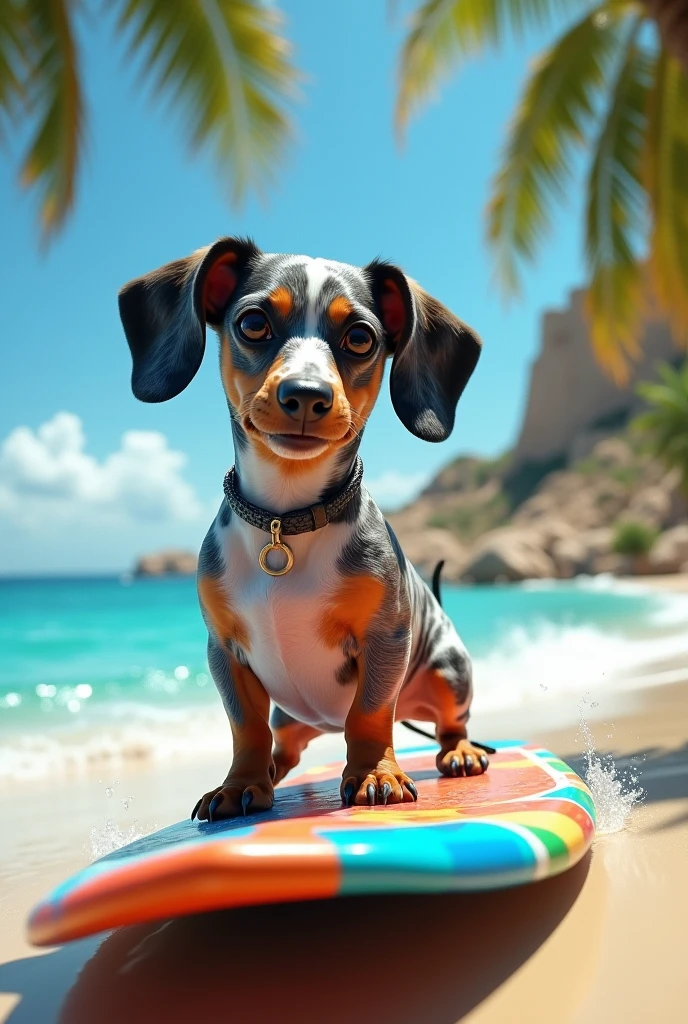 Harlequin dachshund with grey spots, white and brown windsurfing on a beach in Mallorca