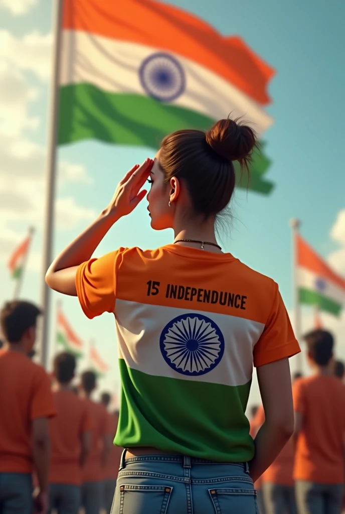 A women salute to tiranga flag
She is wearing a tricolor (tiranga) t-shirt.
The back of the t-shirt displays the Indian flag.
The back of the t-shirt has the name "RIYA" and "15 INDEPENDENCE DAY written in bold letters.