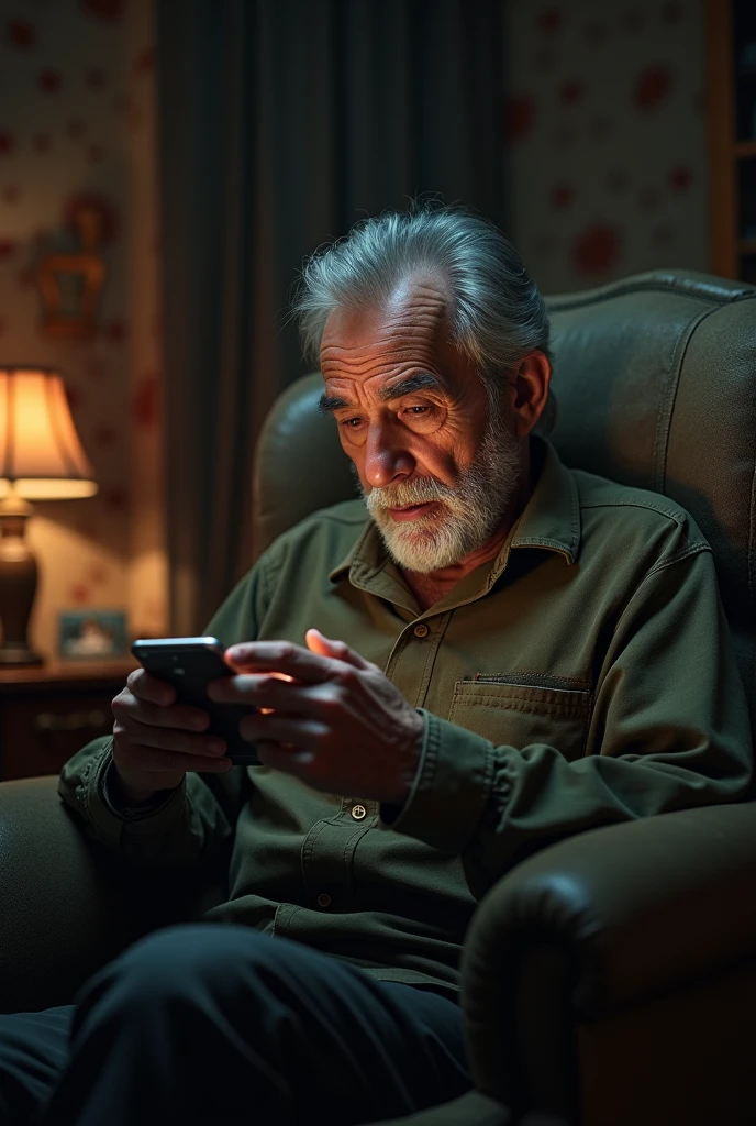 An old man is sitting and playing on his phone.