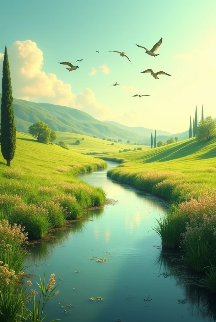 A river flowing in a field in Italy with birds flying