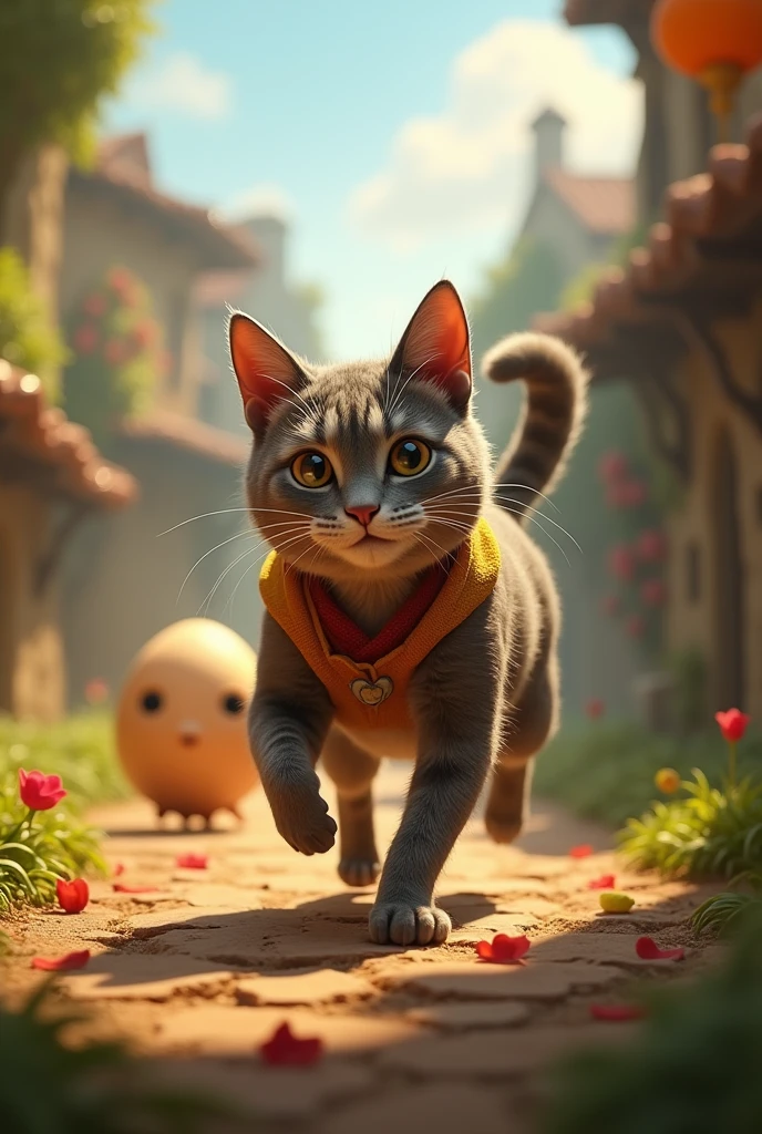I want a picture of Puss in Boots (the movie), in which there is a cat and from afar an egg observing it