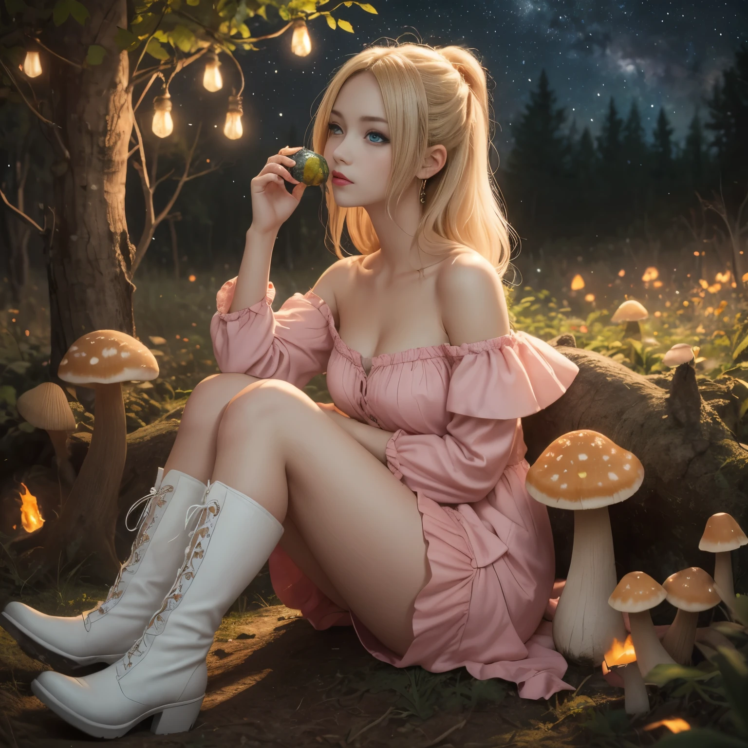 Anime girl with light blonde hair，With light blue eyes，Wearing a pink off-the-shoulder puff-sleeved dress and knee-high white boots，Sitting in the woods，Next to it is an orange mushroom，Surrounded by fireflies under the starry sky  