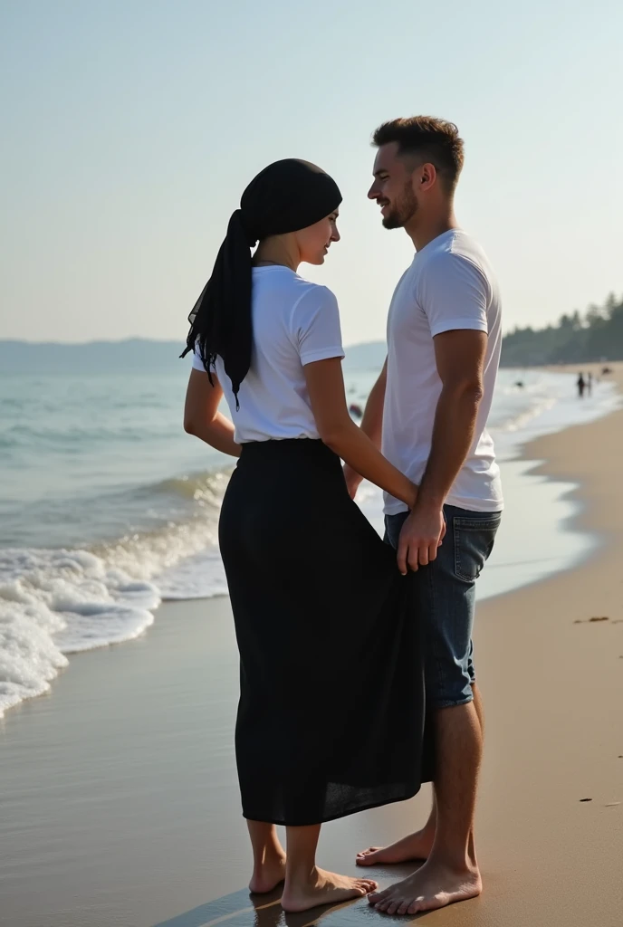 with black headscarf, black skirt,white t-shirt, barefoot woman, men touching her butt on the beach