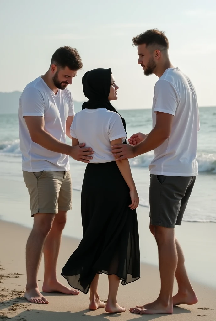 with black headscarf, black skirt,white t-shirt, barefoot woman, men touching her butt on the beach