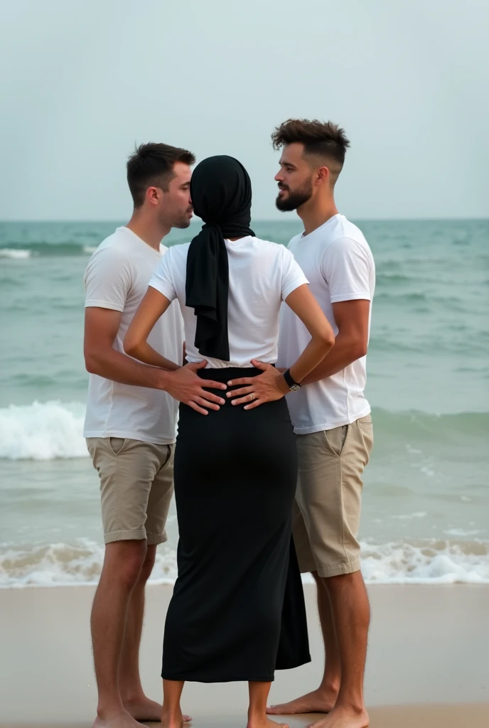 with black headscarf, black skirt,white t-shirt, barefoot woman, men touching her butt on the beach