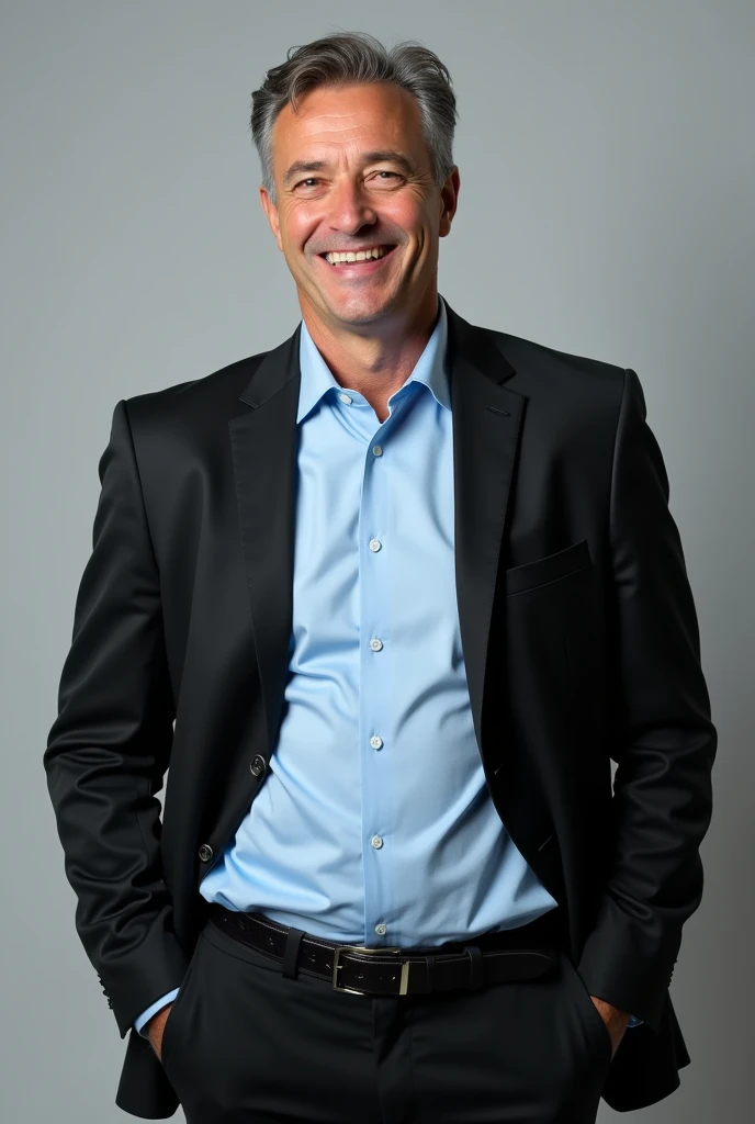 Man with light blue polo shirt and black jacket