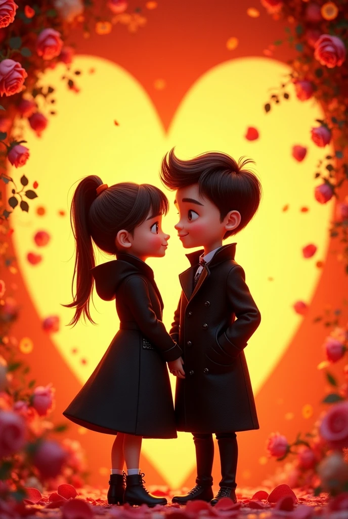 A animated boy and girl standing in black coat dress with orange colour heart background And falling roses