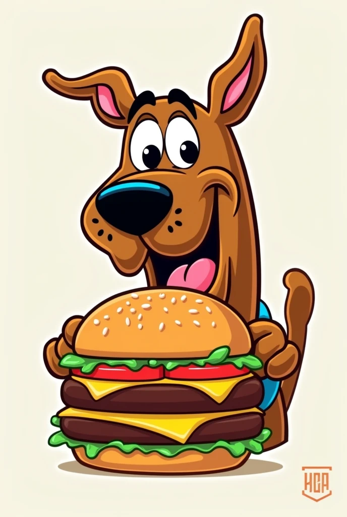 Create a logo using the character Scooby doo eating a hamburger.