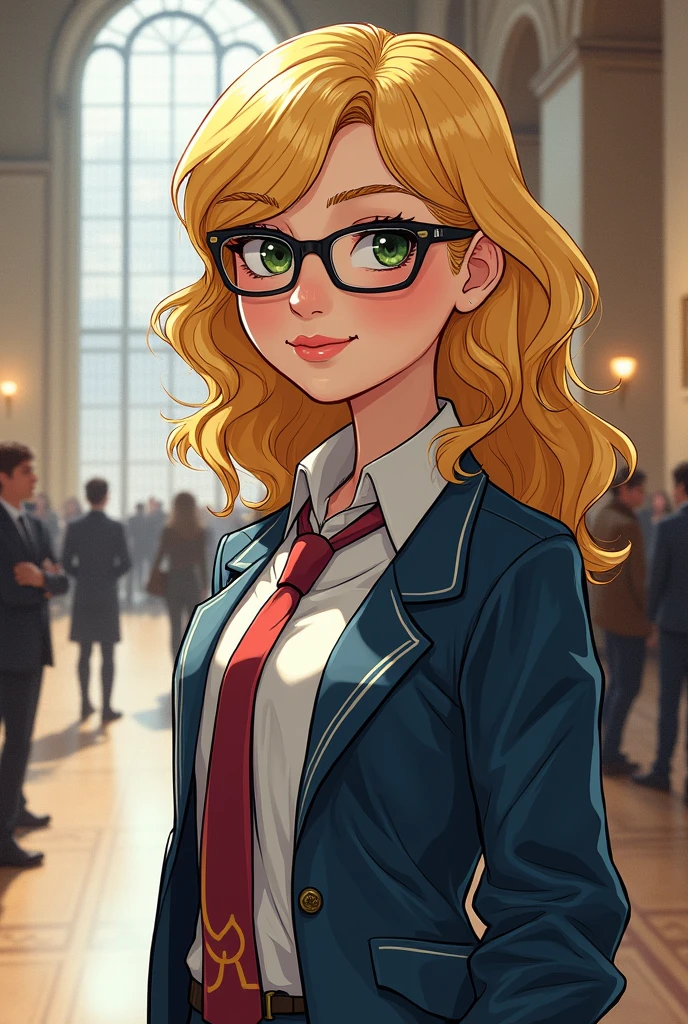 A 16 year old in a museum, wearing a school uniform, with glasses and wavy blond hair, skin fair, fans in comic book drawing