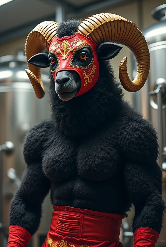 An illustration of a black sheep in human form, Athletic body and Mexican wrestler mask preparing craft beer with stainless steel fermenters in the background 