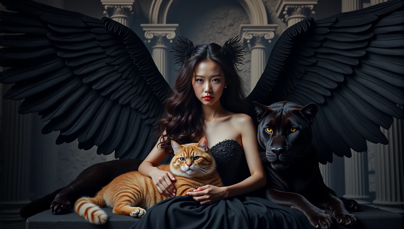 a intense kindness Asian thai woman 29yo.,wavy mullet hair, enigmatic, is dressed as a Greek-Roman angel with pitch-black wings, exuding power and awe. sHe laying in hug of a massive strong black panther that moves with silent grace. In her arms, creating a tender contrast against the dark roman architecture backdrop, highlights the juxtaposition of the imposing panther and she hug a chubby orange cat, blending power with tenderness and mystery
