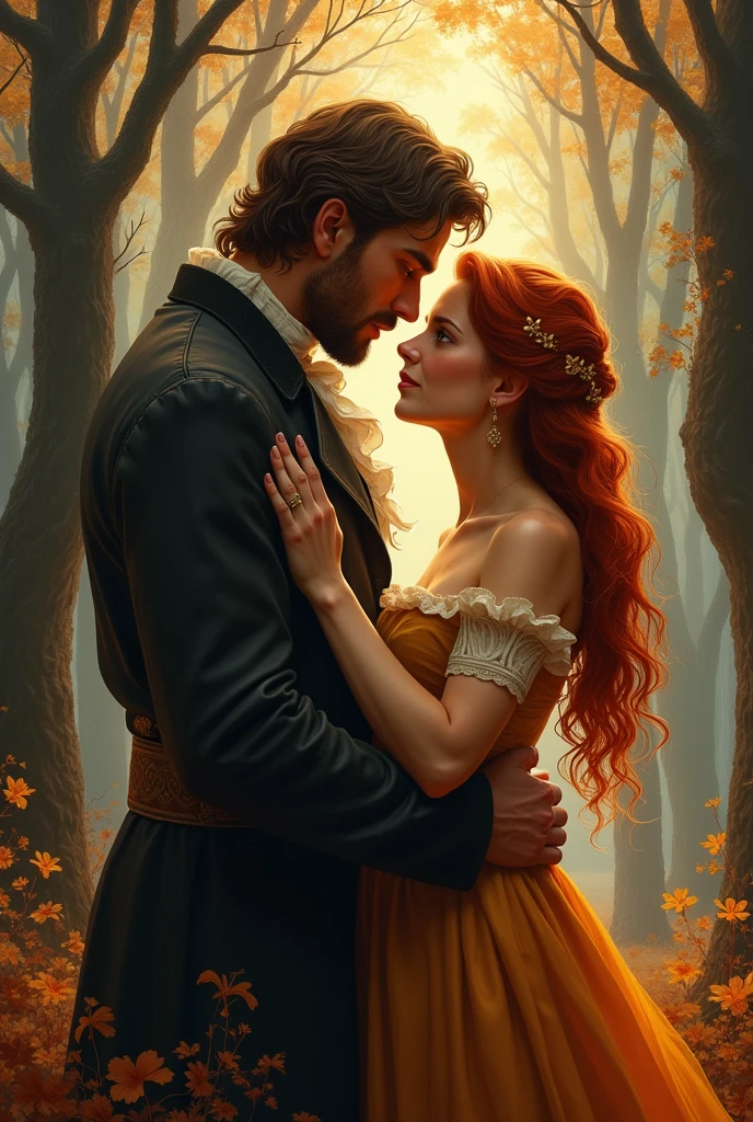 Description: period romance Visual elements: a couple in the spotlight, big man and redheaded woman with loose hair. A forest in the background and elements that refer to fire Design style: classic predominant colors: neutral and warm