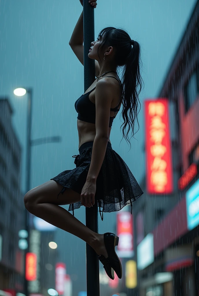 Cyberpunk-style Japanese pole dancer dancing on a pole in the rain。