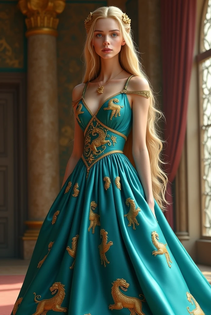 Create a young blonde haired, blue eyed Lannister woman in a large turquoise dress with gold lions on the