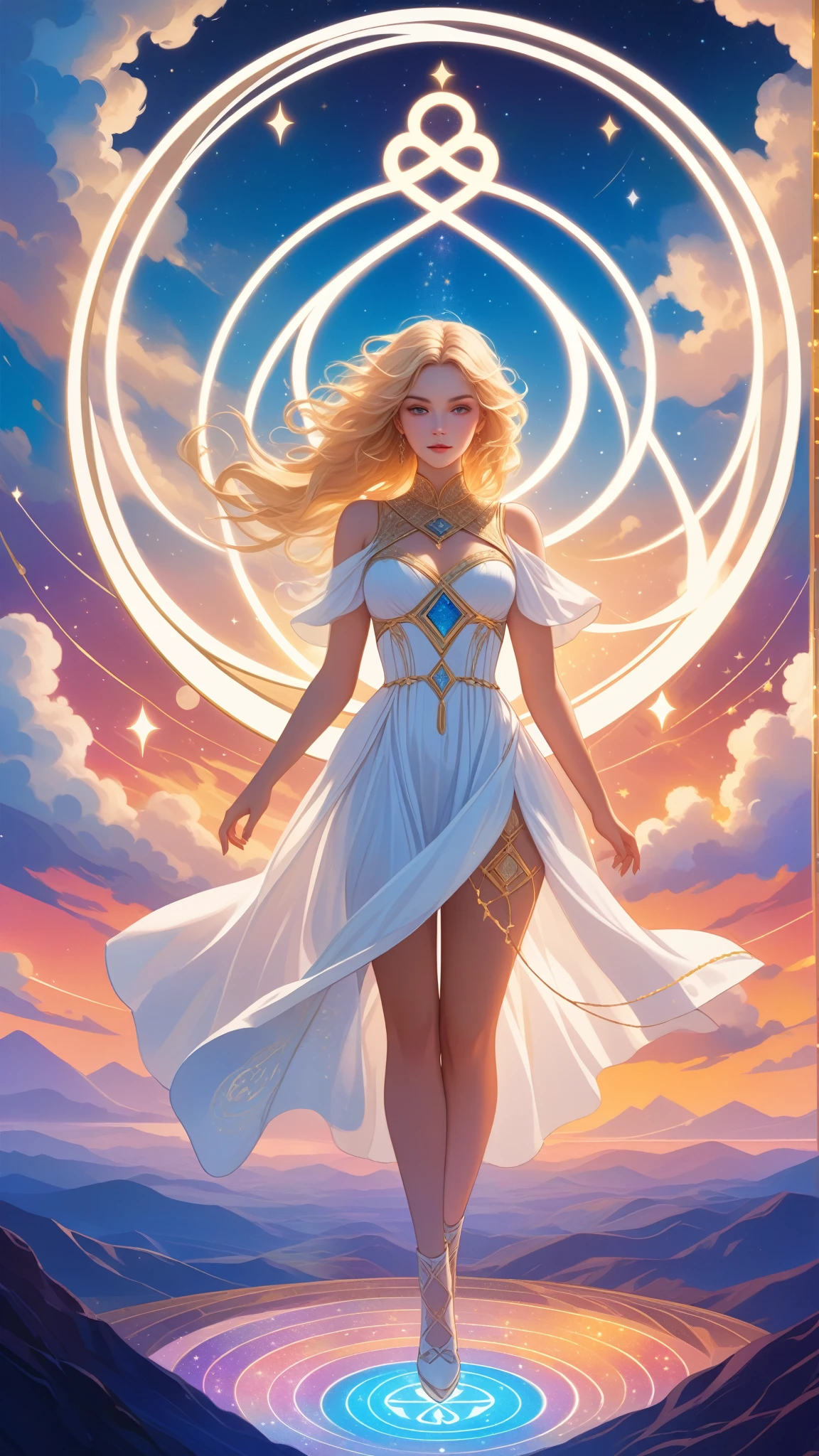 (masterpiece, best quality:1.2), intricate detailed tarot card illustration, tarot card, tarot card the word, 1woman, solo, blond hair goddess, white dress, floating in the sky, ((infinity symbol background)), cinematic lighting, dramatic shadows, vivid colors, rich color palette, surreal tarot card, mystical landscape, shimmering details, ornate patterns