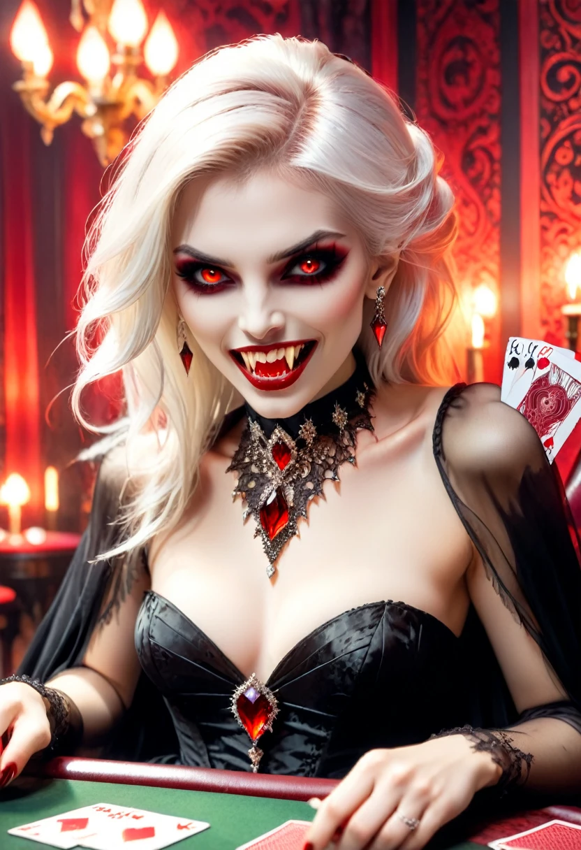 a portrait of a vampire playing poker game of cards, holding cards ((cards not shown:1.5)) blood dripping from the cards dripping blood, an exquisite beautiful vampire, goth vampire, ((dynamic hair color: 1.5)), white pale skin, some blood veins are seen on the skin, red lips, red eyes, glowing eyes, wearing goth dress, silk dress, there are diamonds on the dress, earing a choker studded with a red diamond, ((vampire fangs:1.5)), she sits near a poker table in a dark fantasy room, there is a playing table, torch light,  vibrant, Ultra-high resolution, High Contrast, (masterpiece:1.5), highest quality, Best aesthetics), best details, best quality, highres, ultra wide angle, 16k, [ultra detailed], masterpiece, best quality, (extremely detailed: 1.5), vampire fangs, NRART