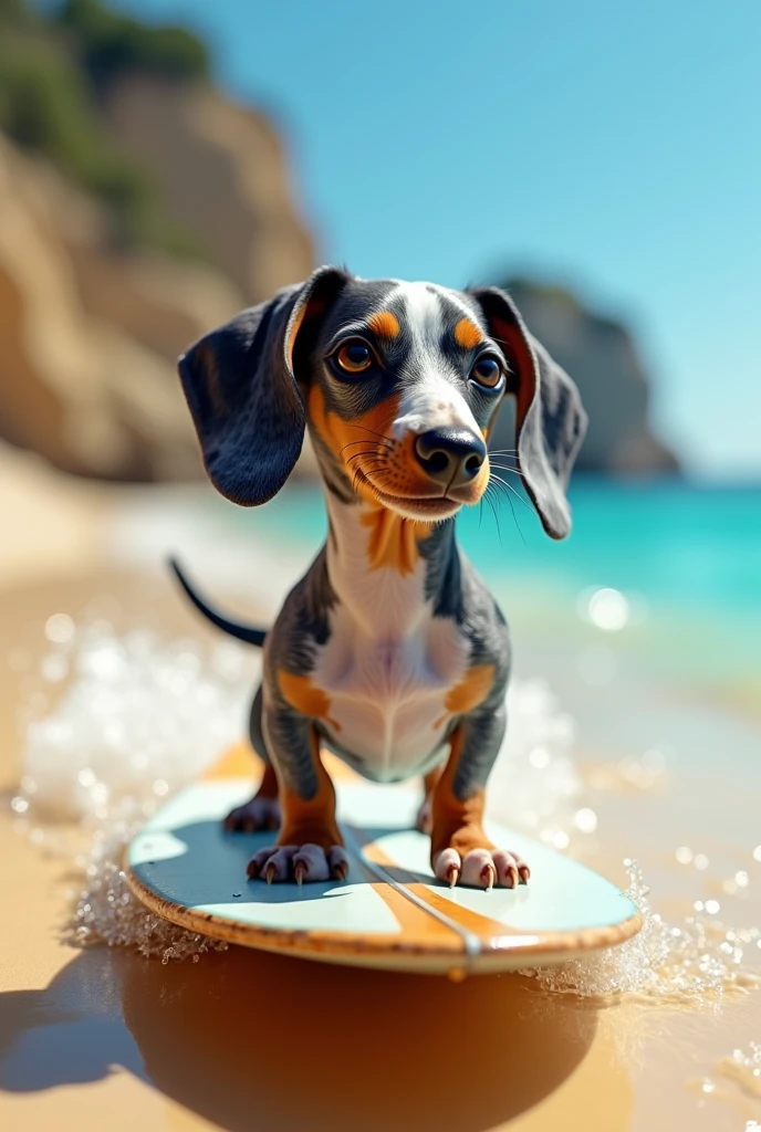 Harlequin dachshund with grey spots, white and brown windsurfing on a beach in Mallorca