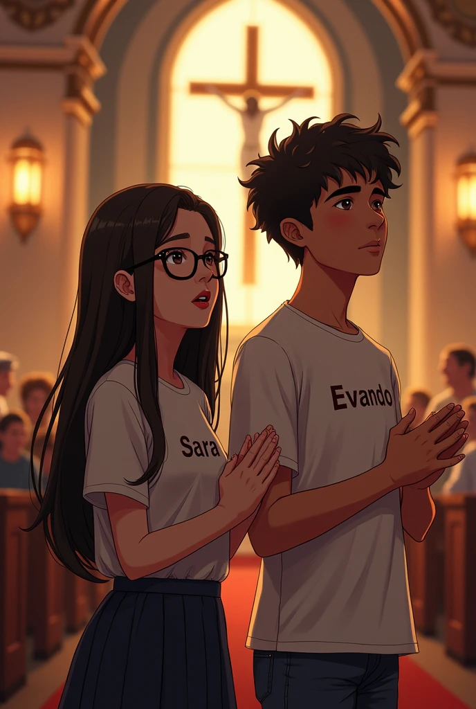 Young woman with long straight hair wearing a blouse that says Sara and a skirt and glasses worshiping God in an evangelical church with a young white man with curly hair wearing a shirt that says Evando