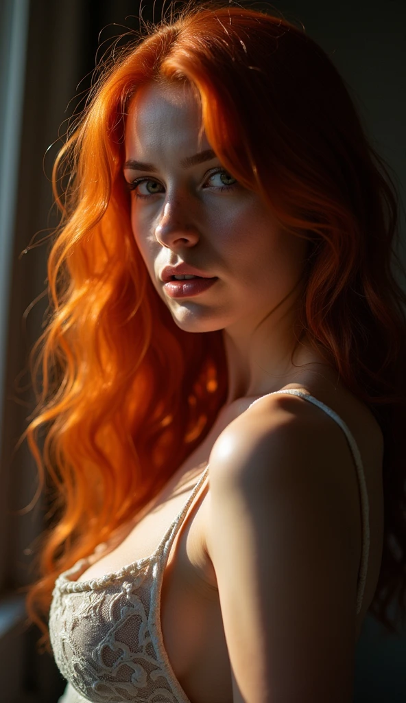 Best quality, masterpiece, Ultra-high resolution, (Realistically:1.5), RAW photos, 1 cat, cute, In the light, deep shadow, Low profile, Cold Light, sexy look,red long hair, big breasts