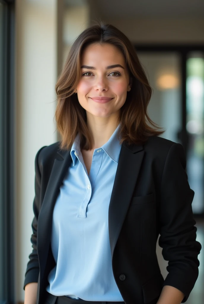 woman with light blue polo shirt and black jacket