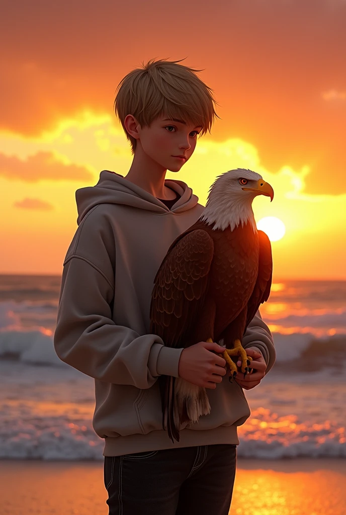 A 16 year old boy wearing a hoodie and black jeans,she has short hair,in the arms holding an eagle,beach and sunset background,Realistic photo, Original photo.