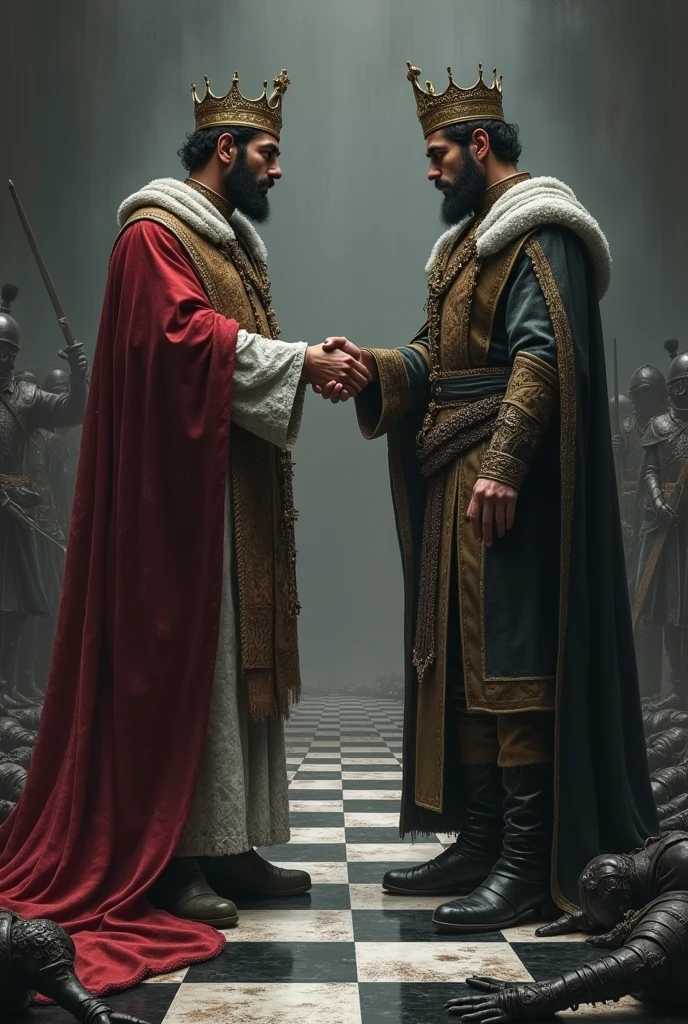 A chess court two kings are handshaking and all solider are dead
