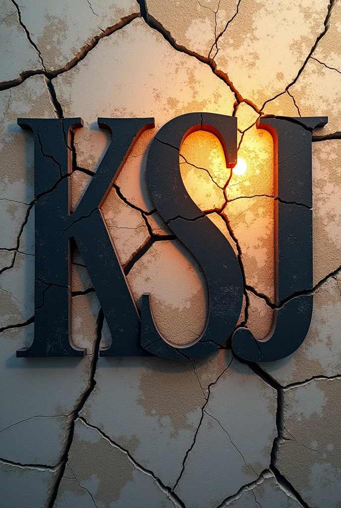 Create an image with a cracked stone background And black cracked letters with sunlight And let the letters be "KSJ And there is an AK in the image