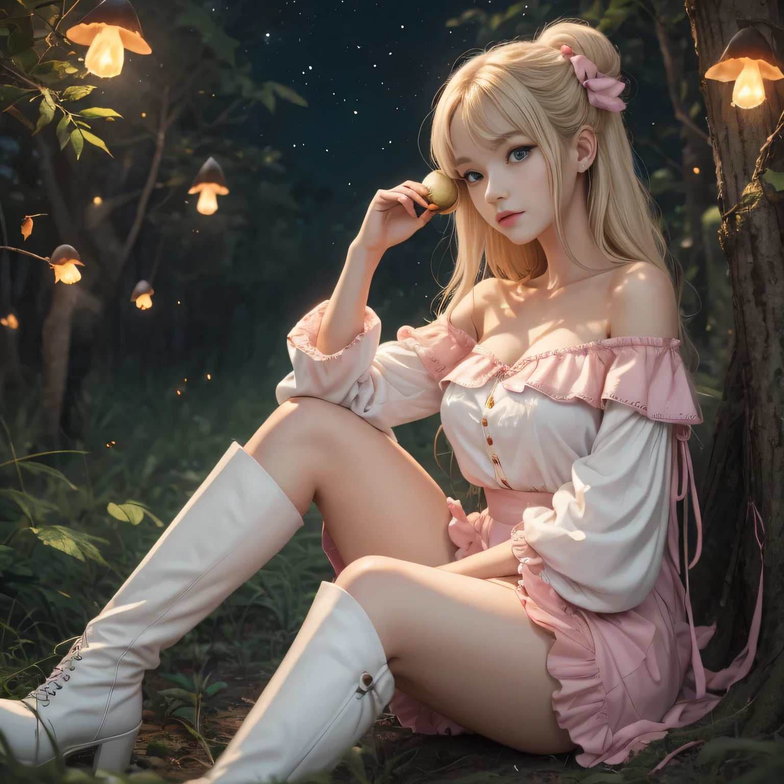 Anime girl with light blonde hair，With light blue eyes，Wearing a pink off-the-shoulder puff-sleeved dress and knee-high white boots，Sitting in the woods，Next to it is an orange mushroom，Surrounded by fireflies under the starry sky  