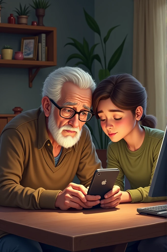 elder (Uncle/Auntie) Sitting at a table with a smartphone/The computer has an uncertain look on its face and its grandson/My niece was sitting next to me teaching me how to use it, starting with the basics, such as turning on the computer and using the browser.