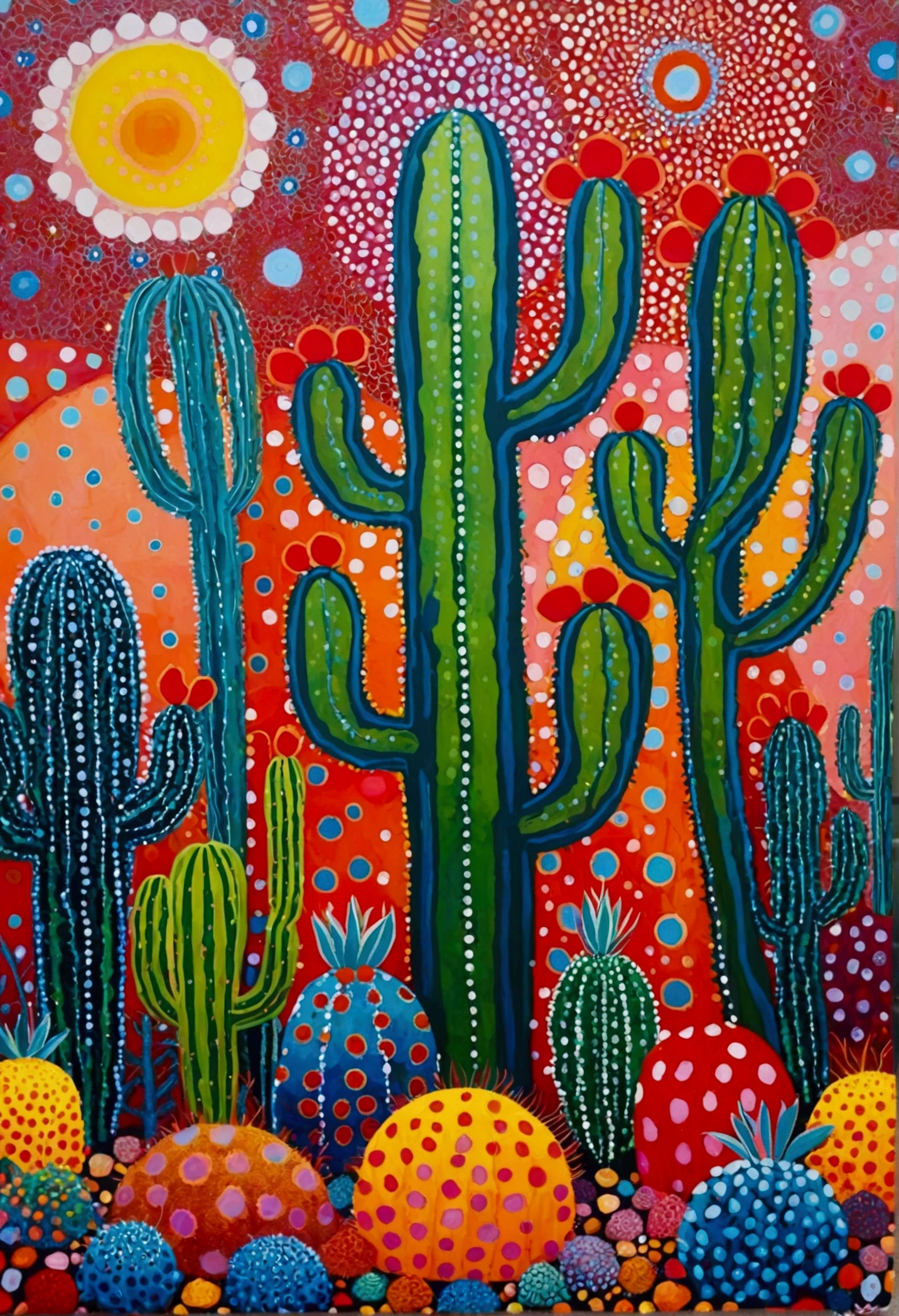 Yayoi Kusama style,An abstract painting,Coronavirus Plant,Pop Art,Dense dots author:Annabel Kidston, Saturated pointillism, cactus, inspired by Yayoi Kusama, inspired by Yayoi Kusama, inspired by:Annabel Kidston, By Pasitha Abad