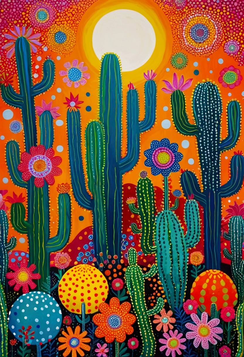 Yayoi Kusama style，An abstract painting，Coronavirus Plant，Pop Art，Dense dots author：Annabel Kidston, Saturated pointillism, cactus, inspired by Yayoi Kusama, inspired by Yayoi Kusama, inspired by：Annabel Kidston, By Pasitha Abad