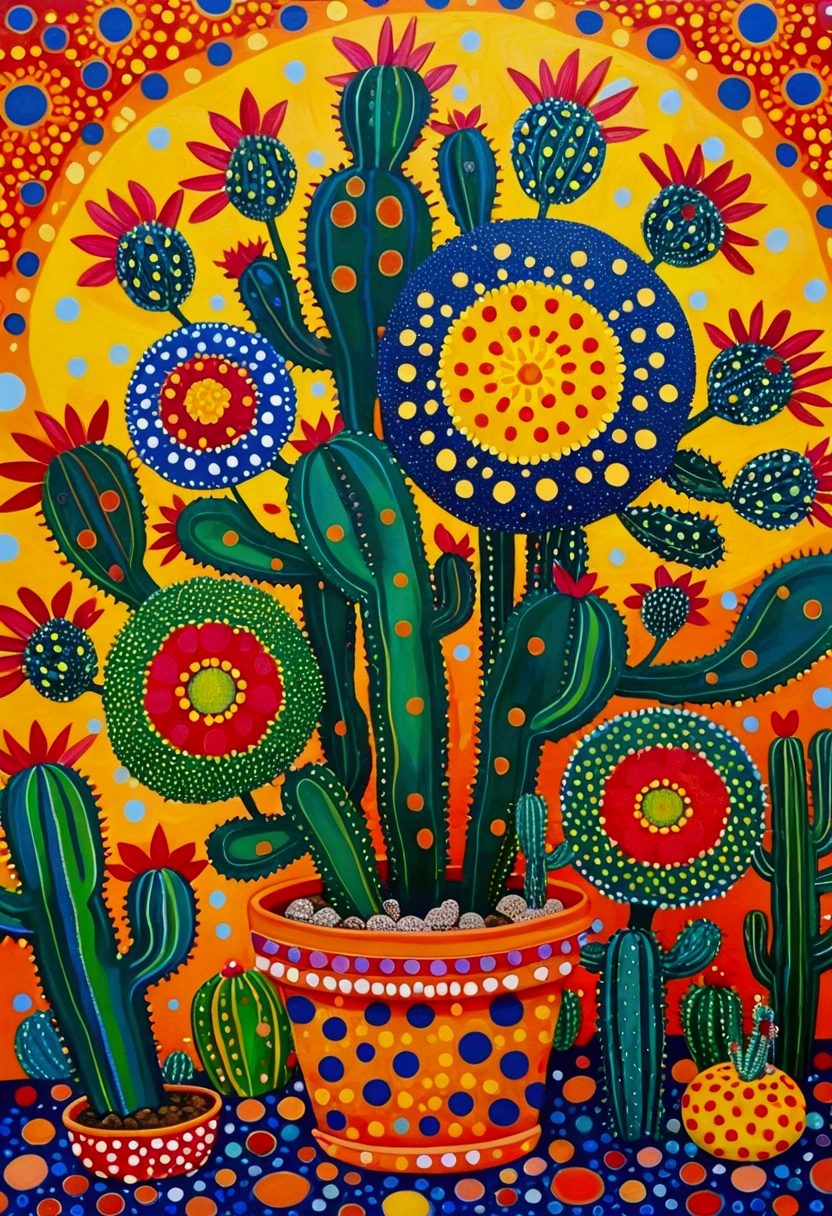 Yayoi Kusama style,An abstract painting,Coronavirus Plant,Pop Art,Dense dots author:Annabel Kidston, Saturated pointillism, cactus, inspired by Yayoi Kusama, inspired by Yayoi Kusama, inspired by:Annabel Kidston, By Pasitha Abad