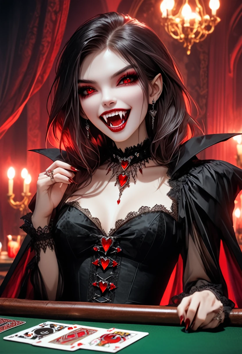 a portrait of a vampire playing poker game of cards, holding cards ((cards not shown:1.5)) blood dripping from the cards dripping blood, an exquisite beautiful vampire, goth vampire, ((dynamic hair color: 1.5)), white pale skin, some blood veins are seen on the skin, red lips, red eyes, glowing eyes, wearing goth dress, silk dress, there are diamonds on the dress, earing a choker studded with a red diamond, ((vampire fangs:1.5)), she sits near a poker table in a dark fantasy room, there is a playing table, torch light,  vibrant, Ultra-high resolution, High Contrast, (masterpiece:1.5), highest quality, Best aesthetics), best details, best quality, highres, ultra wide angle, 16k, [ultra detailed], masterpiece, best quality, (extremely detailed: 1.5), vampire fangs, NRART