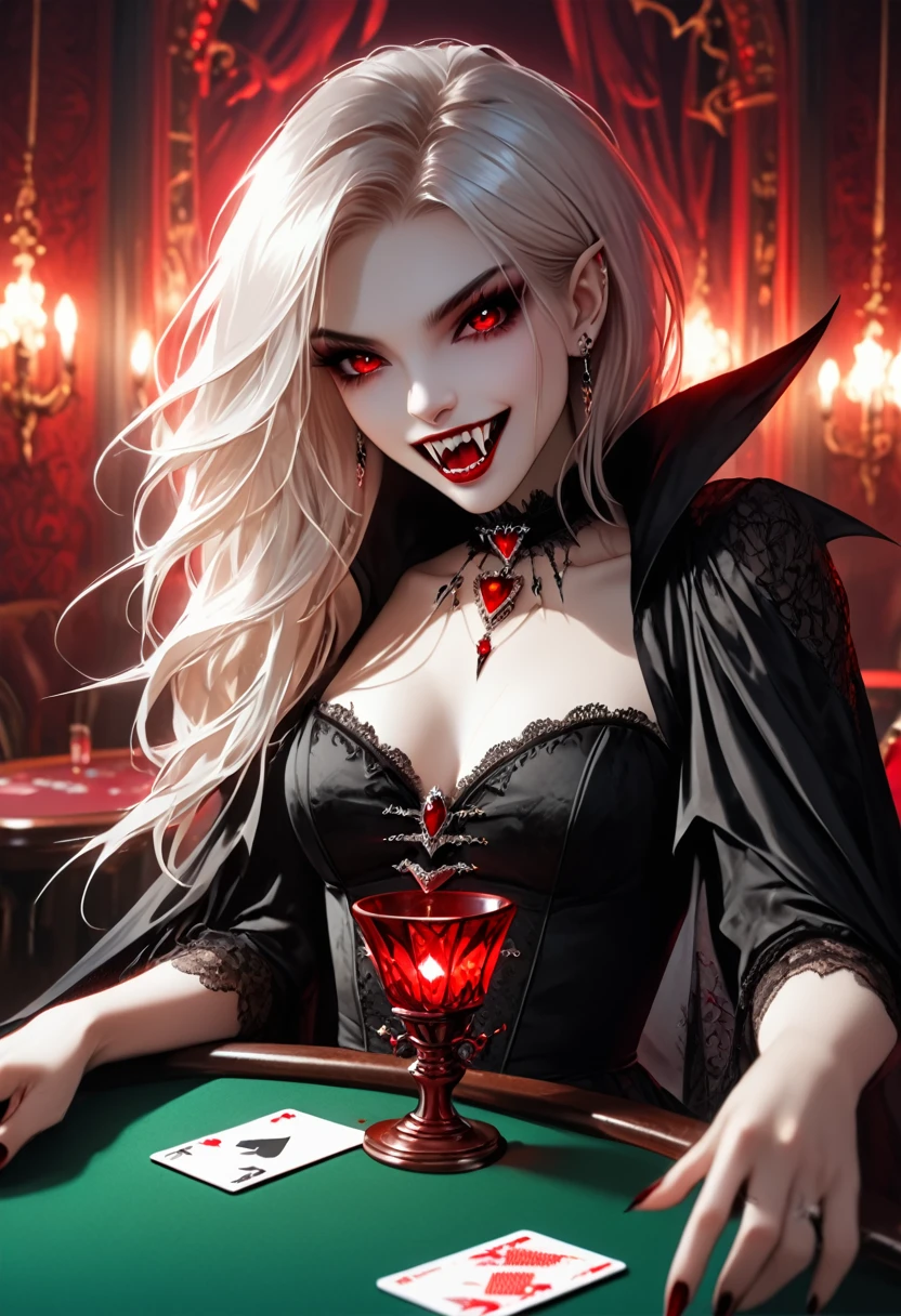 a portrait of a vampire playing poker game of cards, holding cards ((cards not shown:1.5)) the cards are dripping blood, an exquisite beautiful vampire, goth vampire, ((dynamic hair color: 1.5)), white pale skin, some blood veins are seen on the skin, red lips, red eyes, glowing eyes, wearing goth dress, silk dress, there are diamonds on the dress, earing a choker studded with a red diamond, ((vampire fangs:1.5)), she sits near a poker table in a dark fantasy room, there is a playing table, torch light,  vibrant, Ultra-high resolution, High Contrast, (masterpiece:1.5), highest quality, Best aesthetics), best details, best quality, highres, ultra wide angle, 16k, [ultra detailed], masterpiece, best quality, (extremely detailed: 1.5), vampire fangs, NRART, dripping blood