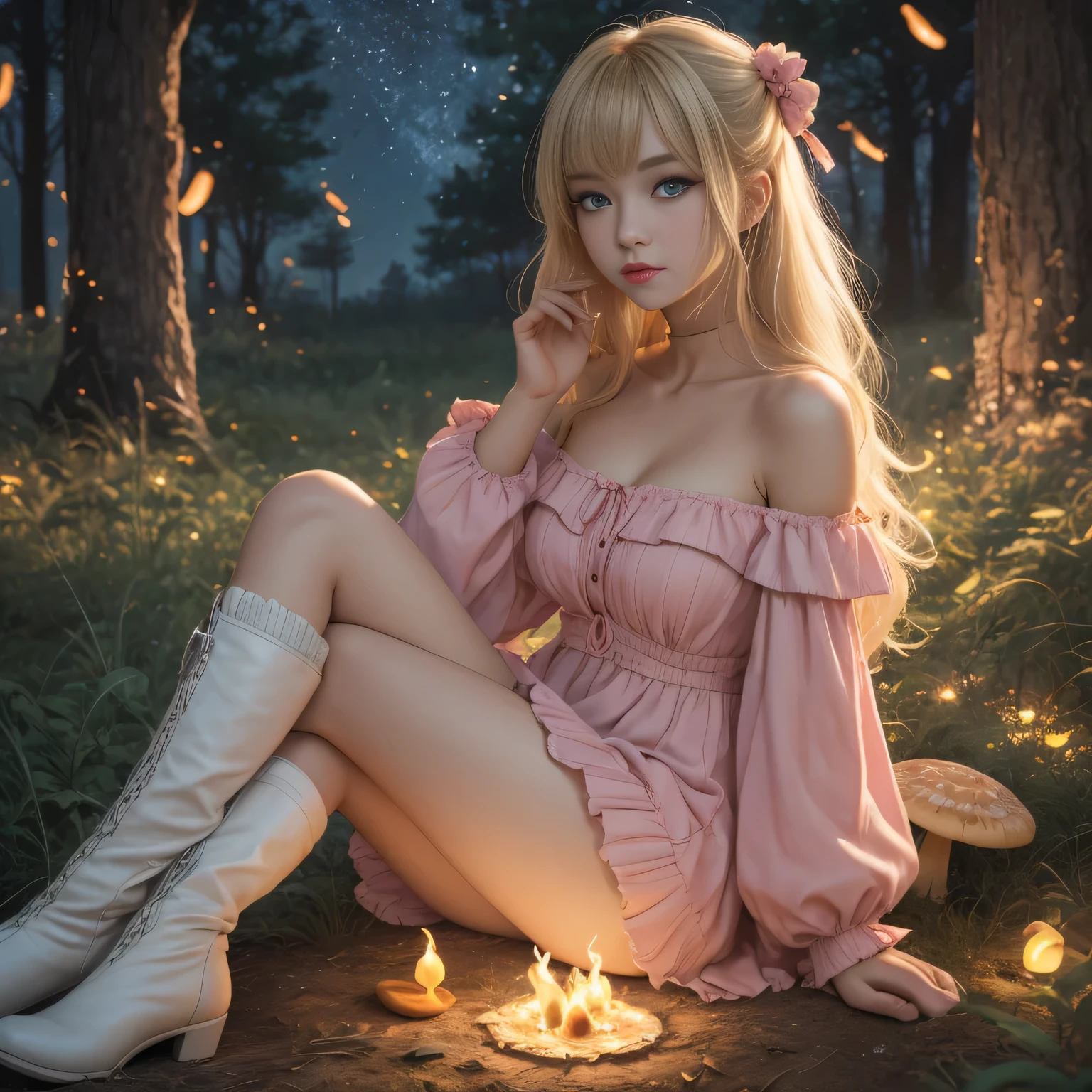 Anime girl with light blonde hair，With light blue eyes，Wearing a pink off-the-shoulder puff-sleeved dress and knee-high white boots，Sitting in the woods，Next to it is an orange mushroom，Surrounded by fireflies under the starry sky  