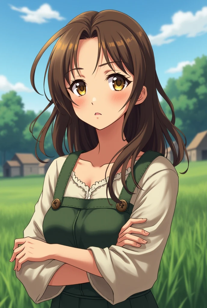 Create an anime style woman. It may be in a similar style to the anime Black Clover., she has brown hair and yellow eyes, She must have clothes similar to an ordinary peasant woman, She would already be old enough to be a mother 
