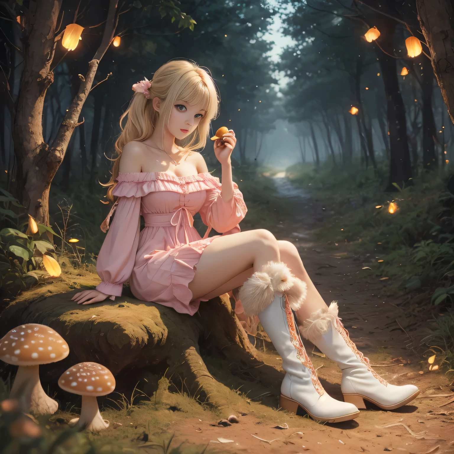 Anime girl with light blonde hair，With light blue eyes，Wearing a pink off-the-shoulder puff-sleeved dress and knee-high white boots，Sitting in the woods，Next to it is an orange mushroom，Surrounded by fireflies under the starry sky  