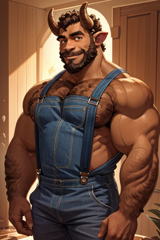 Simgle mature man, (male focus:1.2), muscular, gentle smile, sweet and caring expression (mature man:1.3), (muscular:1.3), big tusk popping out, brown skin, (casual:1.4) balance, Straight shot, shirtless, suspenders, one single demon horn on the left side, beard on the chin, messy curled hair
