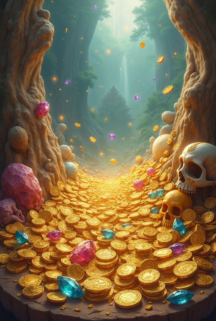 money, gold coins, gorgeous, rich, golden, beautiful, dreamy, HD, scene, magic, jewellery, jewellery, gemstones, crystals, bright colours, contrasting light and shadow, secondary, delicate, western fantasy, magic, fantasy, watercolour