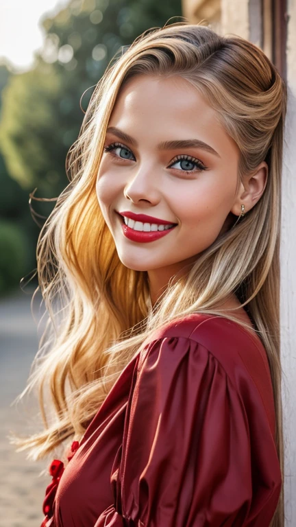 Scarlett Leithold wearing traditional France clothes wearing lipstick and smiling