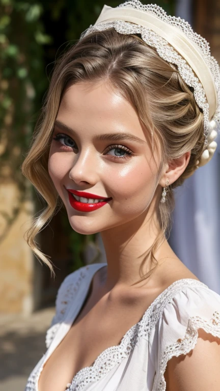 Scarlett Leithold wearing traditional France clothes wearing lipstick and smiling