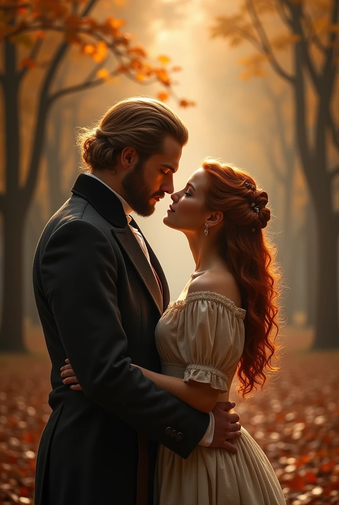 
Description: period romance Visual elements: a couple in the spotlight, big man and redheaded woman with loose hair. An autumn forest in the background Design style: classic predominant colors: neutral and warm
